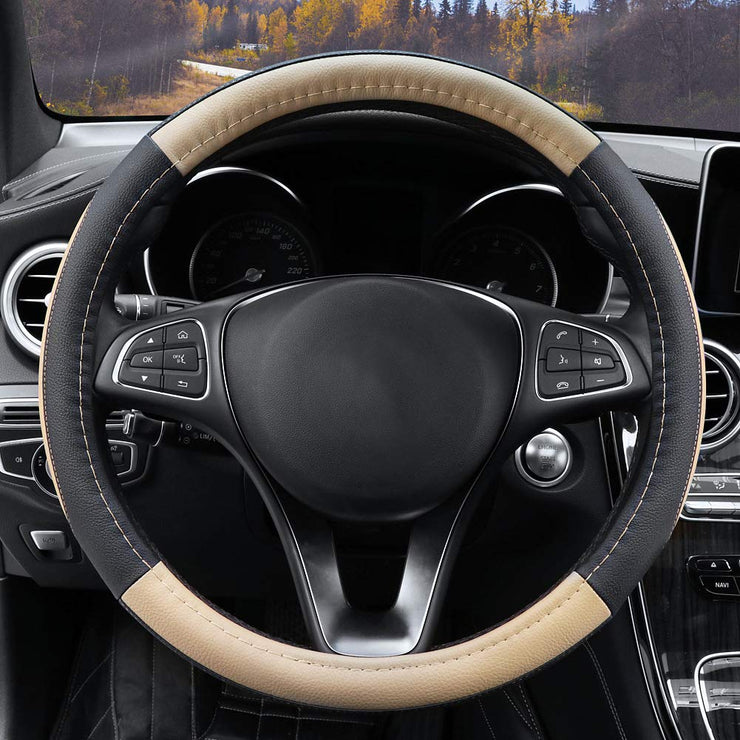 Cofit Microfiber Leather Steering Wheel Cover Universal Size 37-38cm Beige and Black
